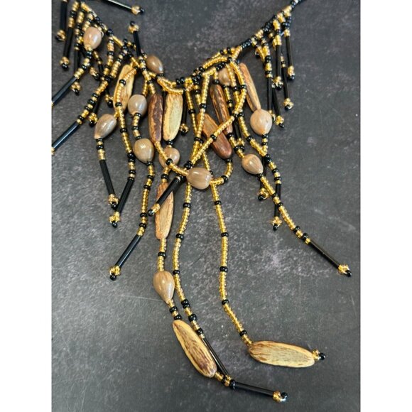 Artisan Amber Black Quartz & Nut Beaded Fringe Choker Necklace 14" - Picture 4 of 5